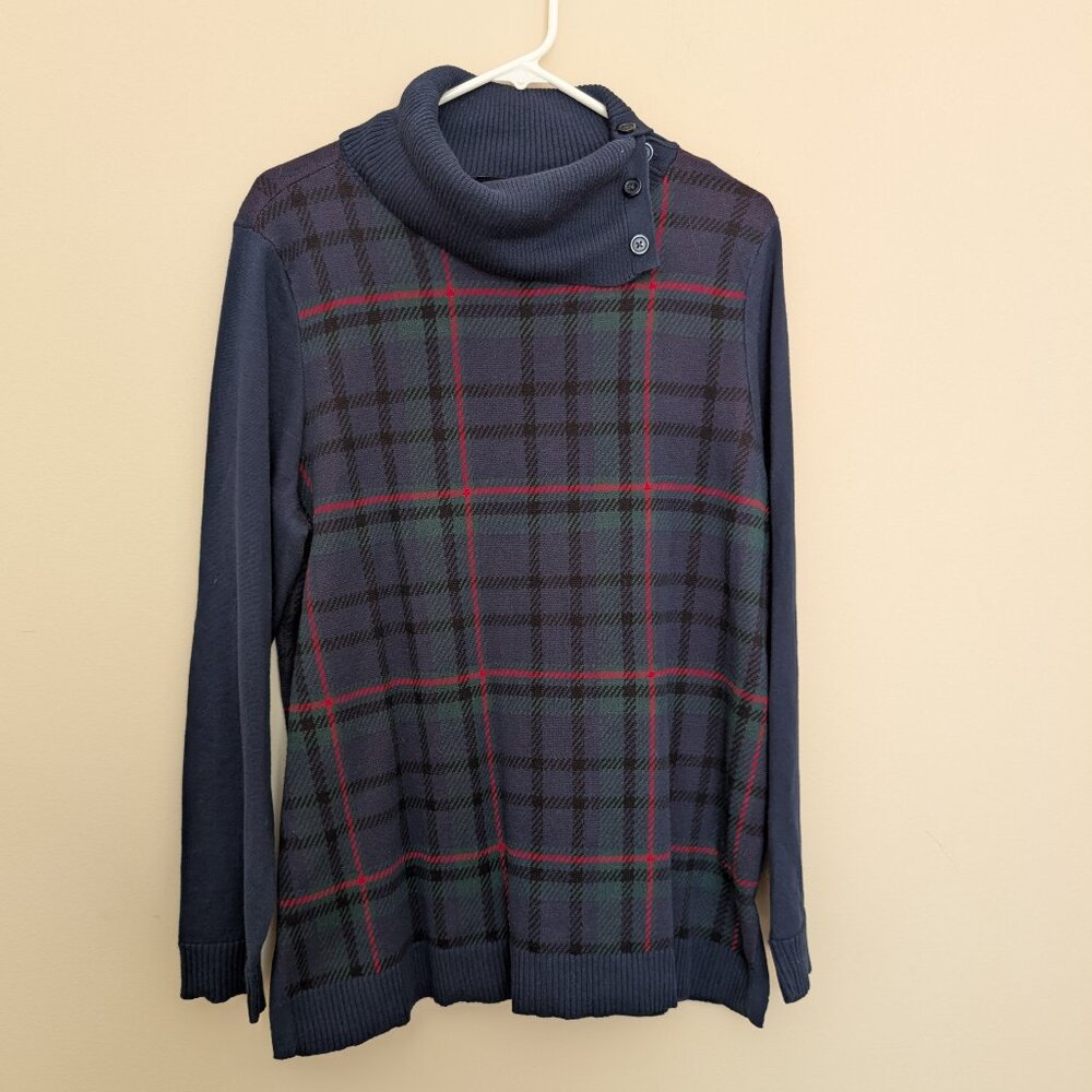 Talbots red green blue black plaid sweater fold over cowl neck XL EUC